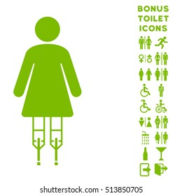 Woman Crutches icon and bonus man and lady toilet symbols. Vector illustration style is flat iconic symbols, eco green color, white background.