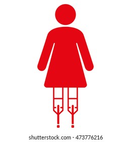 Woman Crutches icon. Vector style is flat iconic symbol with rounded angles, red color, white background.