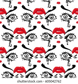 Woman cry and sad vector emoticons, emoji, smiley icons, characters. Fashion illustrated women's emotional faces seamless pattern.