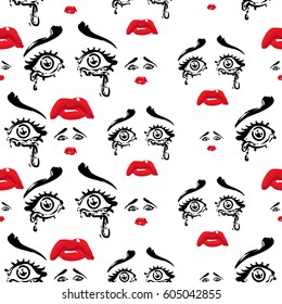 Woman cry and sad vector emoticons, emoji, smiley icons, characters. Fashion illustrated women's emotional faces seamless pattern.