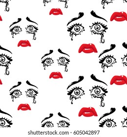 Woman cry vector emoticons, emoji, smiley icons, characters. Fashion illustrated women's emotional faces seamless pattern.