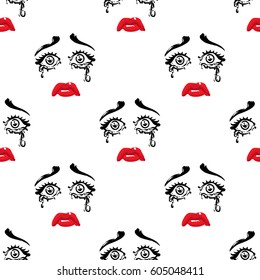 Woman cry vector emoticons, emoji, smiley icons, characters. Fashion illustrated women's emotional faces seamless pattern.