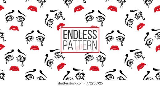 Woman cry vector emoticons, emoji, smiley icons, characters. Fashion illustrated women's emotional faces seamless pattern.
