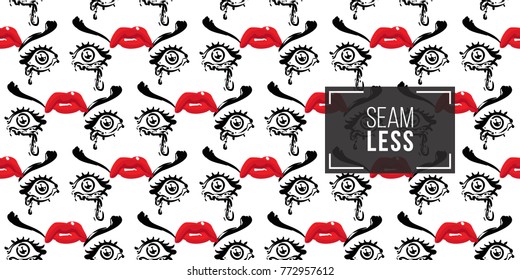 Woman cry vector emoticons, emoji, smiley icons, characters. Fashion illustrated women's emotional faces seamless pattern.