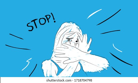 mujer llorando pidiendo detener simple ilustración vectorial de diseño dibujado a mano