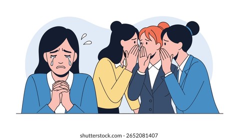 Woman crying because coworkers gossip behind her back spreading rumors about her