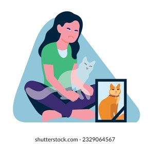 Woman is crying because she misses her dead cat. Girl mourning kitty. Pet owners despair and sadness. Memorial photo picture for deceased domestic animal. Ghost kitten