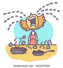 Woman Crying Big Tears Over Burned Food, Funny Vector Cartoon