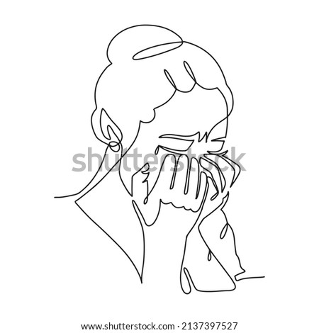 Woman is crying. Continuous line drawing of girl covers her face with her palms. Sorrow, Grief, Misfortune concept. Vector linear hand drawn illustration.
