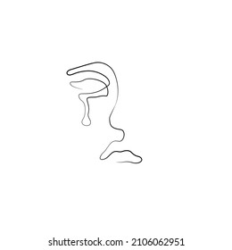 Woman crying from depression. Eyes in tears. Print for clothes, t-shirt, emblem or logo design, continuous line drawing, small tattoo, isolated vector illustration.