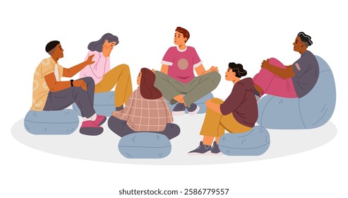 Woman crying during group therapy session flat vector illustration isolated on white. Diverse group of people sitting in a circle on the floor discussing their psychological problems.