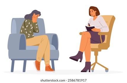 Woman crying during psychological therapy session flat vector illustration isolated on white. Woman psychologist with patient.