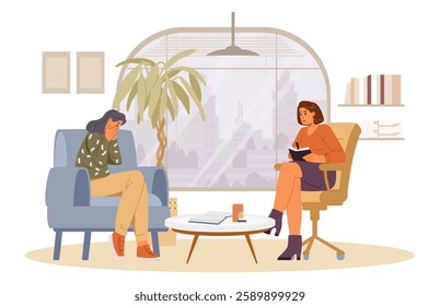 Woman crying during psychological therapy session at psychologist's office flat vector illustration. Woman psychologist with patient in the interior.