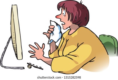 woman crying in front the computer