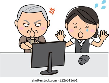 A woman crying in front of a computer and an angry grandfather