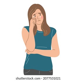 The woman is crying. The girl wipes a tear with her hand. Portrait from the front to the waist. Flat vector illustration.