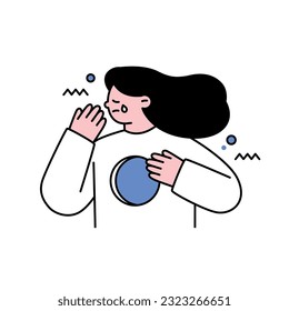 A woman is crying with a hole in her chest. outline simple vector illustration.