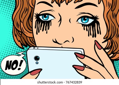 The Woman Was Crying, Mascara Running. Phone Message Bad. Comic Book Cartoon Pop Art Retro Color Illustration Drawing