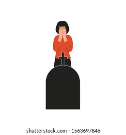 Woman crying over the grave. Girl covers her face and cries. Sad female character, bad emotions, solitude. Flat vector cartoon illustration design.