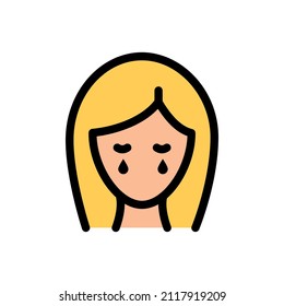 Mujer llorando, síntomas pms, emociones y ánimo. Icono plano con estilo de diseño moderno. Humor femenino. Icono de color de vector simple aislado en fondo blanco.