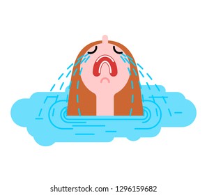 Woman crying puddle. Sad girl in puddle of tears
