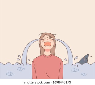 The woman is crying sad. Illustration of crying woman and tears sea.