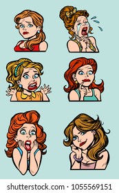 woman crying and sadness emotions set collection. Comic cartoons pop art retro vector illustration kitsch drawing