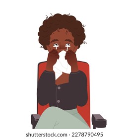 Woman Crying Sitting in Cinema Watching Movie Vector Illustration