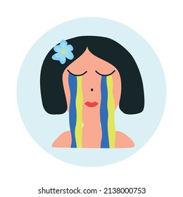 A woman is crying in a stream. Stop the war. Poster, Vector illustration in flat style.