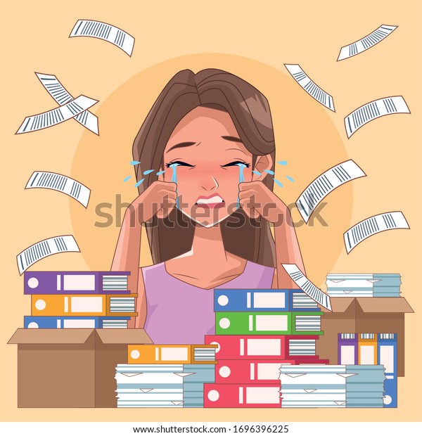 Woman Crying Stress Symptom Pile Documents Stock Vector Royalty Free 1696396225 8618