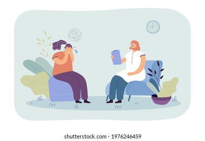 Woman crying at therapy session. Psychologist listening to depressed female character flat vector illustration. Mental health, psychology concept for banner, website design or landing web page