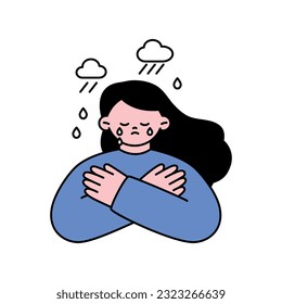 A woman is crying and there is a rain cloud over her head. outline simple vector illustration.