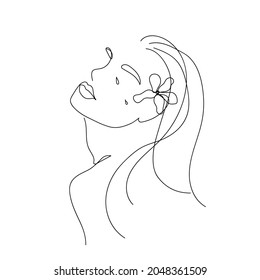 La mujer está llorando. Ilustración vectorial en blanco y negro, retrato, arte lineal. Chica con flor en el pelo. Cuello, cara, pelo. Belleza. Dibujo en línea, diseño de impresión simple y a la moda