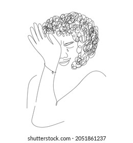 Woman is crying, vector illustration. Domestic violence, pain,deppresion. Vector line art, hand drawing. illustration