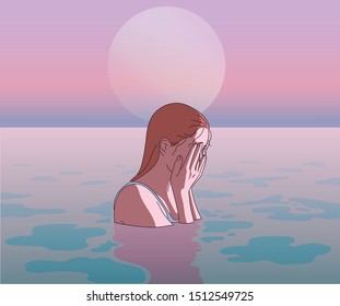 A woman is crying while covering her face in the water. Mysterious and lonely atmosphere. hand drawn style vector design illustrations. 