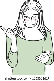 The woman is crying while holding mobile phone.