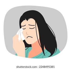 woman is crying. wipe eyes with a tissue. sad expression. vector flat illustration.