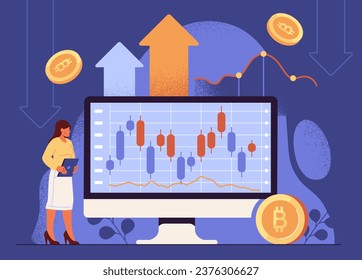 Woman with cryptocurrency concept. Young girl near computer monitor with graphs and diagrams. Trader and investor with infographics. Poster or banner. Cartoon flat vector illustration