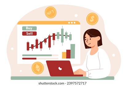 Mujer con mercado de criptodivisa. Chica con laptop de bitcoines. Invertir y comerciar, economía. Alfabetización financiera e ingresos pasivos. Dibujo vectorial plano de dibujos animados aislado en fondo blanco