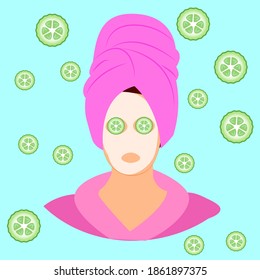 woman with cucumber face mask, self care and beauty
