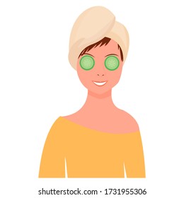 Woman with cucumber slices on her eyes and shower towel isolated on white background stock vector illustration. Self-care, dermatology procedure, skin hygiene concept in flat style.