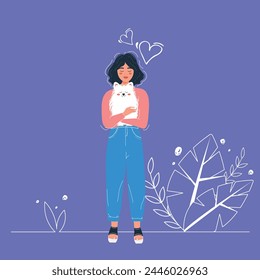 A woman cuddling her pet Spitz dog, holding her in her arms. Love for pets. Vector illustration.