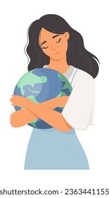 Woman cuddling planet earth globe portrait isolated on white background. Vector illustration of female character care for environment, nature and ecology feeling love and giving protection