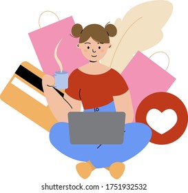 woman with a cup of coffee in hand sits on the floor and holds a laptop on her lap, girl buys on a website, online shopping isolated on white background  vector flat illustration EPS
