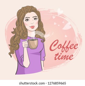 Woman with a cup of coffee in her hands Vector. Cartoon. Isolated art Flat