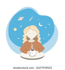 A woman with a cup of coffee is resting at a table. A black cat is sitting under the table.