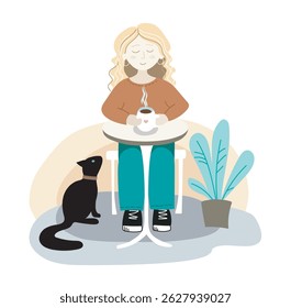 Uma mulher com uma xícara de café está descansando em uma mesa. Um gato preto está sentado debaixo da mesa.