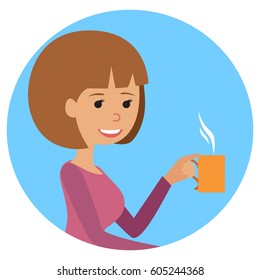 Woman with cup in her hand drinking hot coffee. Vector illustration icon