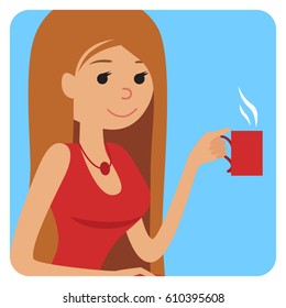 Woman with cup in her hand drinking hot coffee. Vector illustration icon