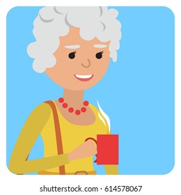 Woman with cup in her hand drinking hot coffee. Vector illustration icon